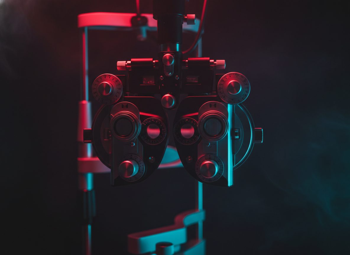 Patient at a neon-lit phoropter during a comprehensive eye exam.