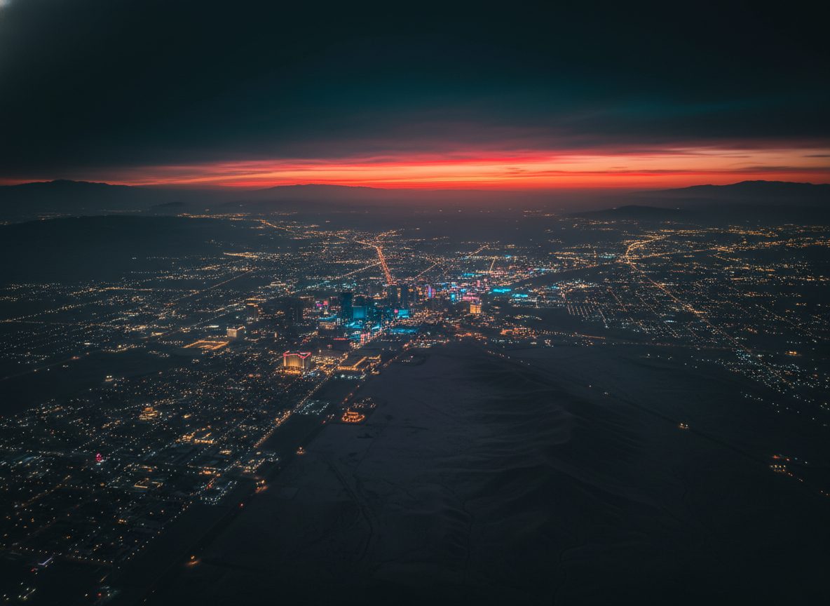 Aerial view of the Las Vegas valley at dusk.